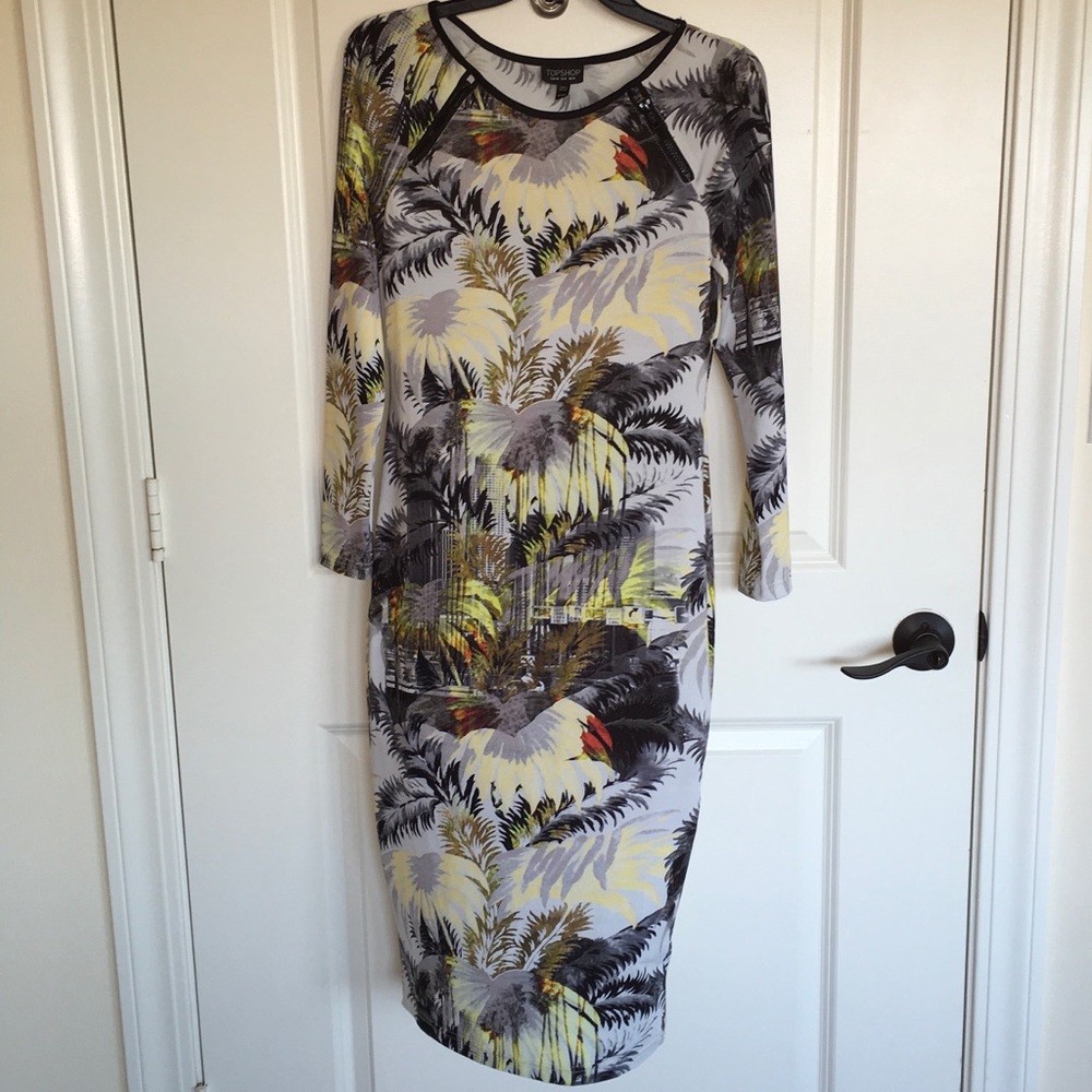 Topshop Long Sleeve Tropical City Print Dress